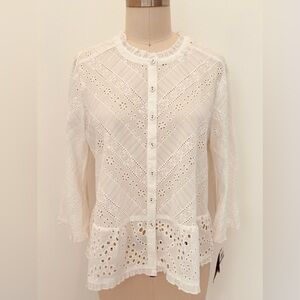 Democracy Peplum Top NWT White Cotton Embroidered Eyelet 3/4 Sleeves Button L
